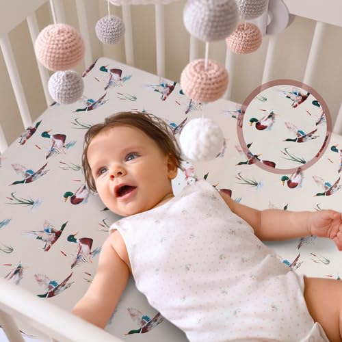 Image of VitalCozy 4 Pcs Mallard Duck Crib Sheet Set Newborn Bedding Nursery Baby Sheets for Girl Boys Baby Gifts for Standard Crib and Toddler Mattresses, 52 x 28 x 8 Inches