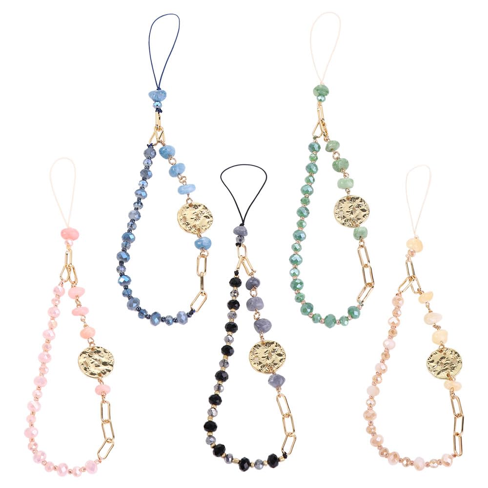 Leadigol 5 Pcs Crystal Stone Beads Lanyard, Mobile Phone Strap Charm, Colorful Cell Phone Lanyard Handmade Beads Keychain Gift for Women