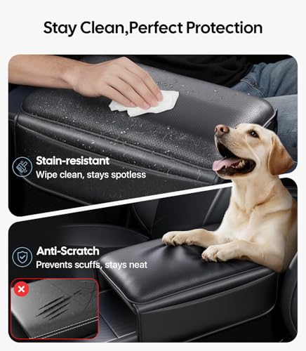 Image of Wigoo Center Console Lid Cover forTesla Model Y Juniper & Model YL 2025-2026 (Standard, Premium &Performance) and Model 3 Highland 2024-2026, Soft Support Nappa Leather Armrest Protector Cover, Black