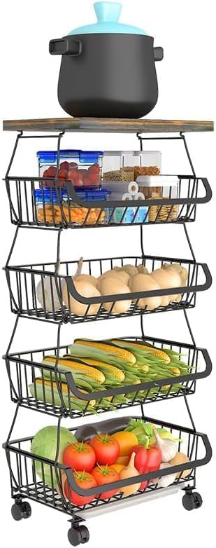 Baotkere Metal Wire Baskets with Wheels, Kitchen Organizer, 5 Tier Shelf, Stackable Storage Bins, Fruit and Vegetable Cart, Bathroom Tableware Rack