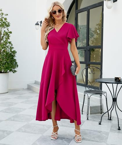 Image of Long Black Formal Dresses for Women Gowns Evening Party Cocktail Dress,Split Elegant V Neck Wrap Ruffle Wedding Guest Dresses