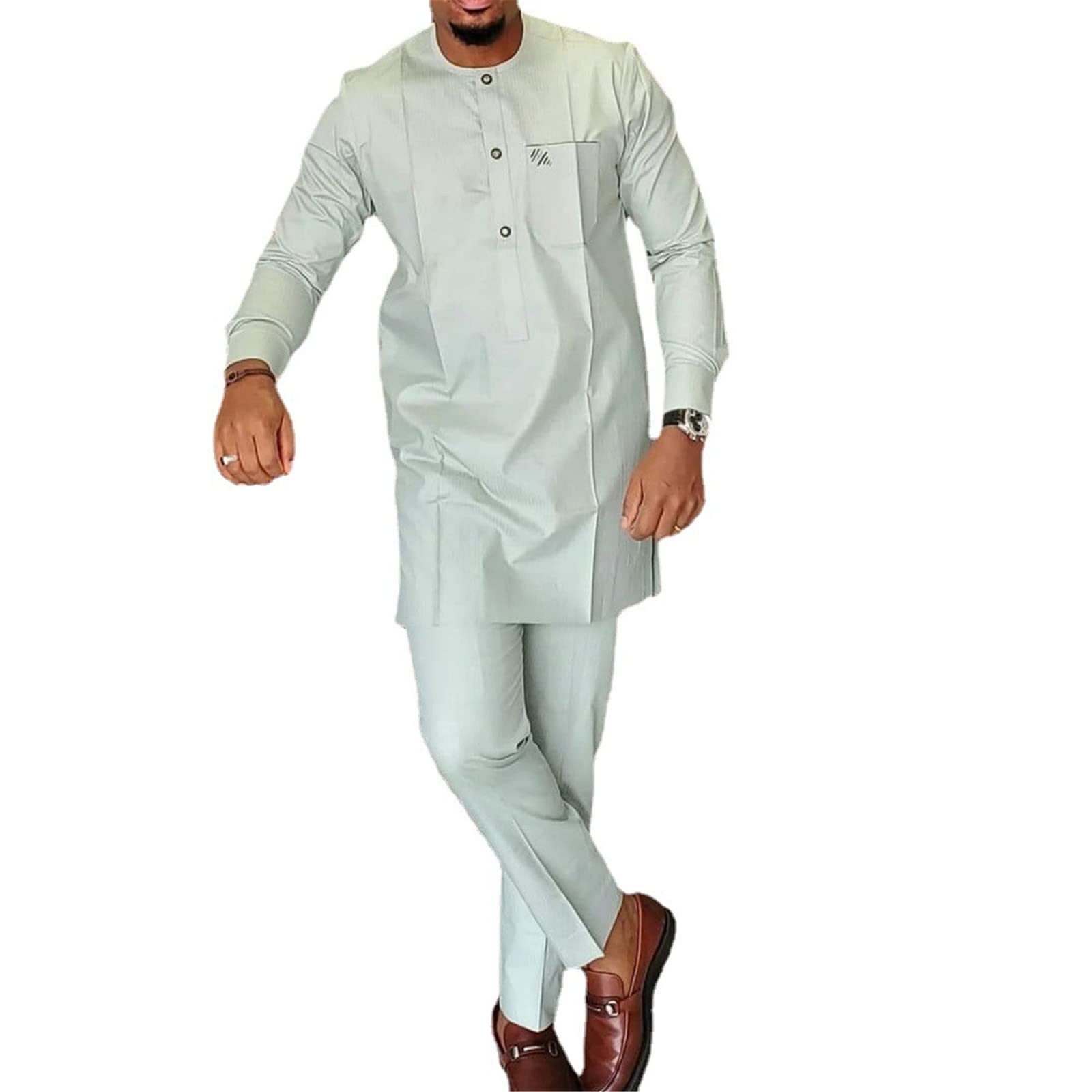 Rxears Men's # 13 African Long Sleeve Kurta 2 Piece Set Dashiki Shirt + Pants Outfit Dress Suit Traditional Tracksuit
