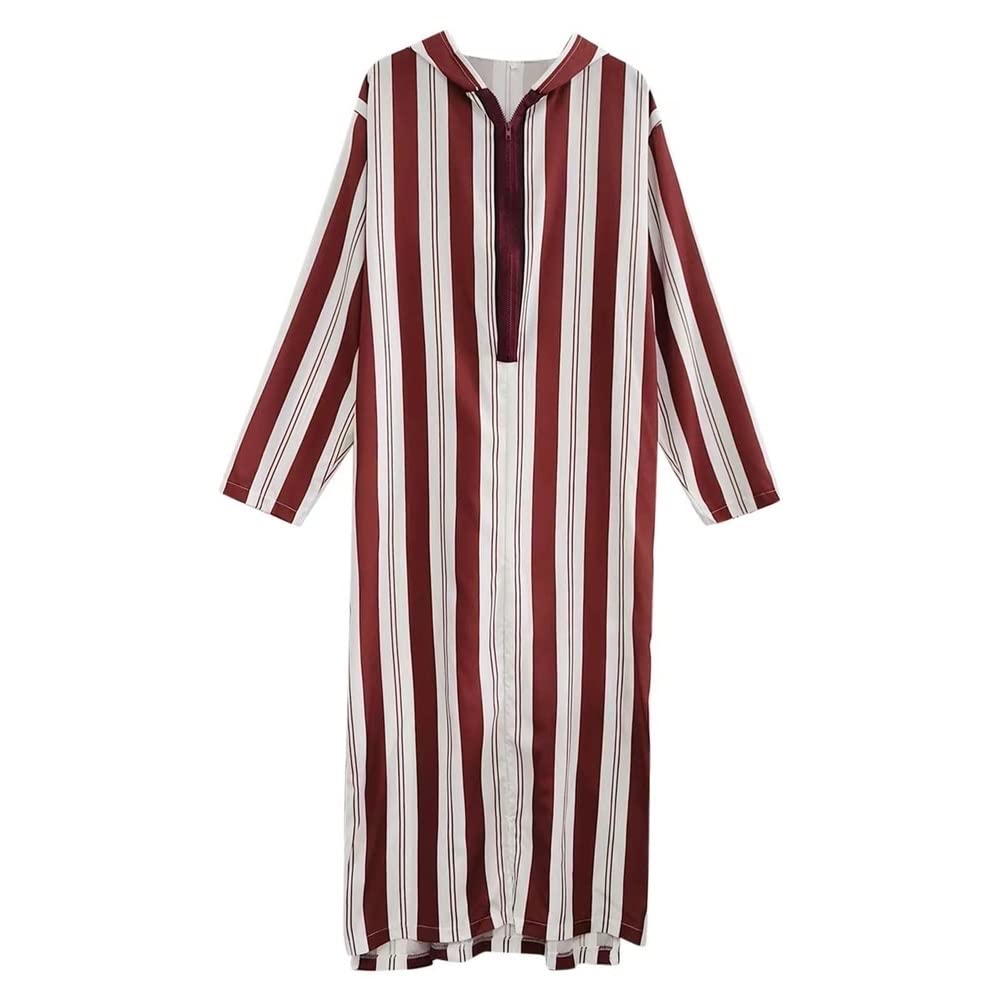 TETHYTETHY Men's Muslim Clothes Color blocking Striped Long Sleeve Casual Saudi Arab Caftan Jubba Islamic Clothing (Color : Red, Size : M)