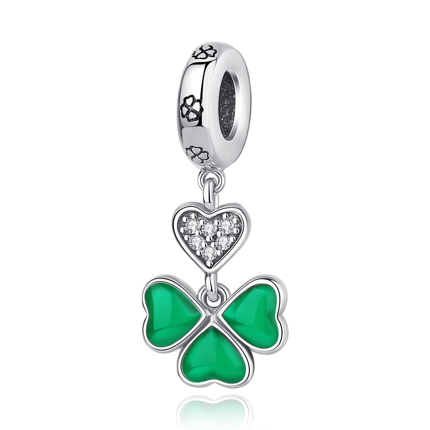 Nbsameng Lucky Clover Charm, 925 Sterling Silver with 5A Cubic Zirconia, for European Bracelet and Necklace, Four Leaf Clover