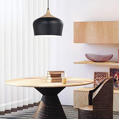 KARMIQI Black Pendant Lights Modern Hanging Light with Wood Finish Metal Shade, Simple Stylish Dome Ceiling Pendant Lighting Fixtures for Kitchen Lounge Living Dining Room