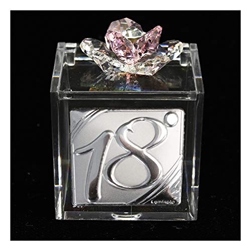 DLM-31880-rosa (Kit 6 Pezzi) Scatolina Cofanetto Portaconfetti con Fiore in Cristallo e Icona Festa 18 Anni Diciottesimo Compleanno_Rosa bomboniera