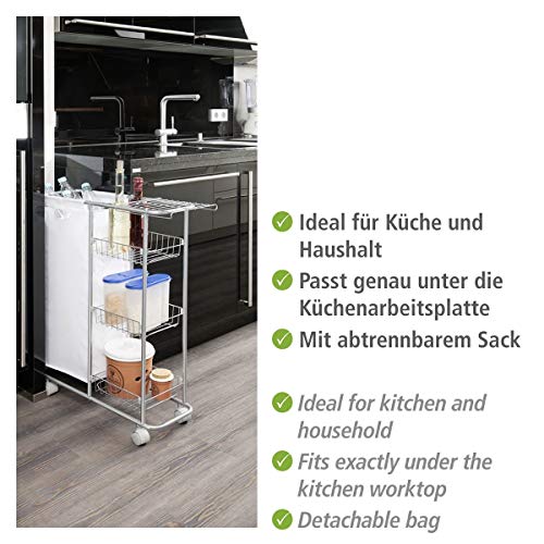 WENKO Sammelwagen Slim, 3 Etagen, extra schmaler Rollwagen mit Vier leichtgängigen Rollen, inkl. abtrennbarem Sack für PET-Flaschen oder Wäsche, 28 L, pulverbeschichtetes Metall, 58 x 80 x 20 cm