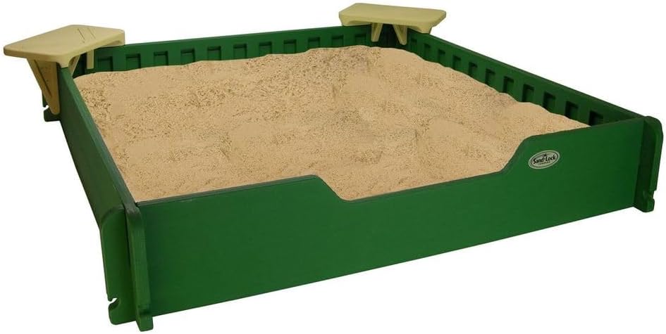 5x5 SandLock Plastic Sandbox for Kids Outdoor Play. w/ Cover, Ground Barrier, 2 Corner Seats