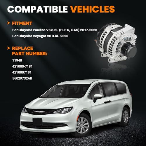 Image of 180A High Output Alternator Compatible with Chrysler Pacifica 2017-2020 V6 3.6L, Voyager 2020 V6 3.6L, 6-Groove Decoupler Pulley Clockwise, Replace# 11940 4210007181 56029732AB