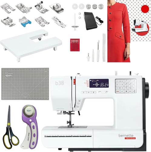 Bernette B38 Computerized Sewing Machine with LCD Display | 394 Stitch Patterns, Auto Needle Threader, LED Light, Extension Table | Presser Feet, Bobbins, Needles, Knee Lifter, Rotary Cutter & More