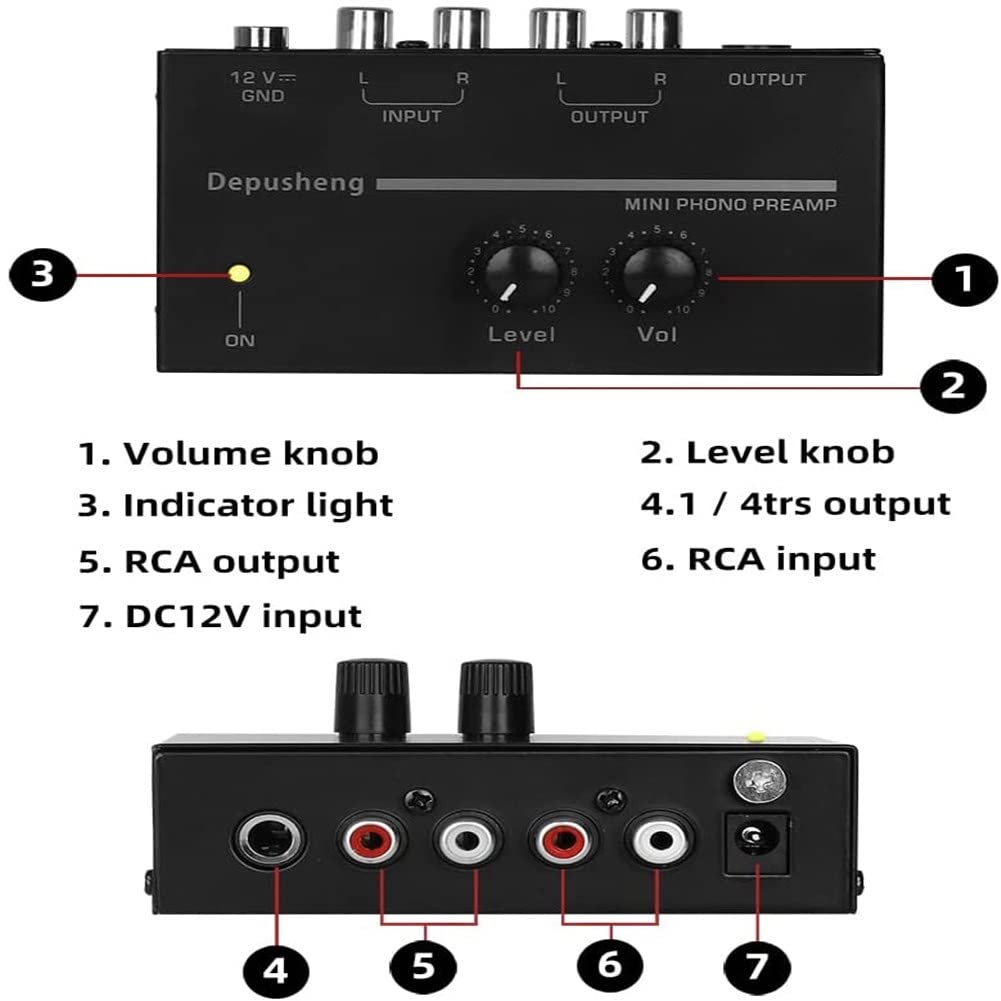 Phono - Preamplificador de tocadiscos, mini fonógrafo estéreo de audio, adaptador de corriente CC 12 V separado, entrada RCA, salida RCA y preamplificador de bajo ruido, portátil, operación de control