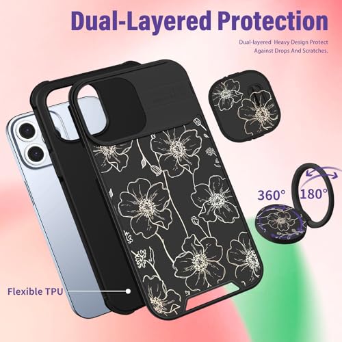 Image of Funermei for iPhone 14 Pro Max Case - Women Girls Cute Phone Cover Girly Pretty Aesthetic Black Floral Flower Unique Design with Camera Cover Funda for Apple for iPhone 14 Pro Max