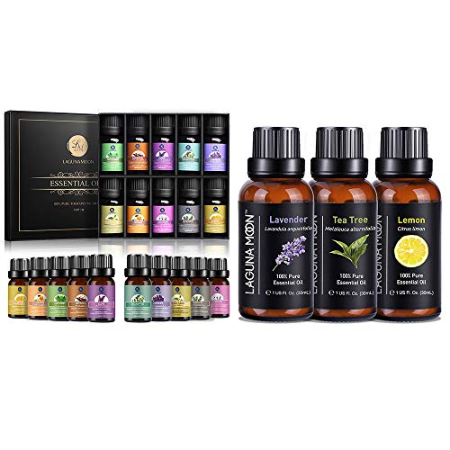 Lagunamoon Essential Oils Top 10 Gift Set, Top 3 Essential Oils Set for Humidifier, Massage, Aromatherapy, Skin & Hair Care