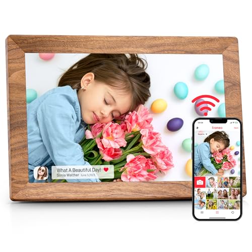 Frameo 10.1 Inch WiFi Digital Photo Frame with 32GB Memory Wooden Digital Picture Frame HD IPS Touchscreen Auto-Rotate Instant Photo & Video Sharing via Frameo App