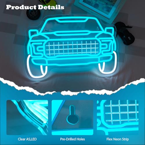 Image of Blue Truck Neon Sign LED Car Light Up Garage Decor Vintage Racing Man Cave Wall Art Off Road Pickup Fathers Day Neon Signs for Automotive Sport Room Night Lights Teens Bedroom Decorations