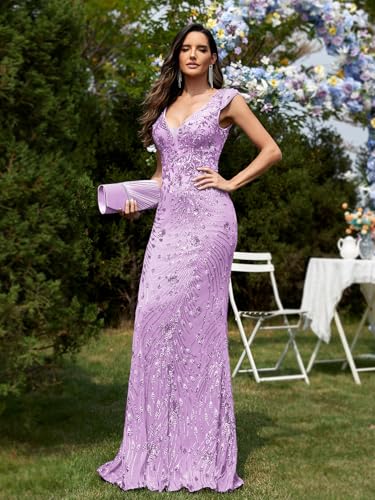 Image of Womens Sequined Long Evening Gown Glamous Sleeveless V-Neck Mermaid Prom Dress for Wedding Party Club Occasions