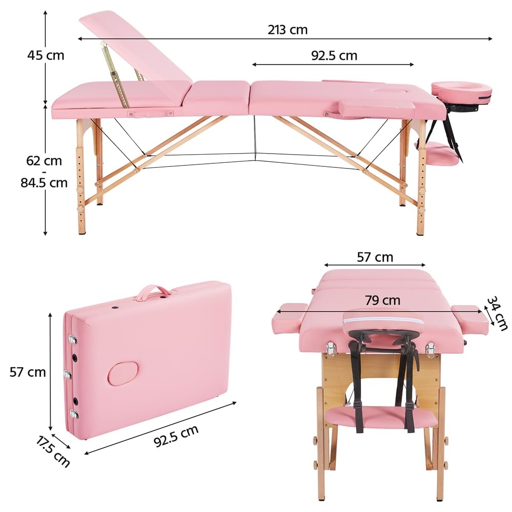 Yaheetech Lettino da Massaggio Portatile a 3 Zone Pieghevole in Legno Faggio 213 x 57 cm Altezza Regolabile con Poggiatesta Rosa
