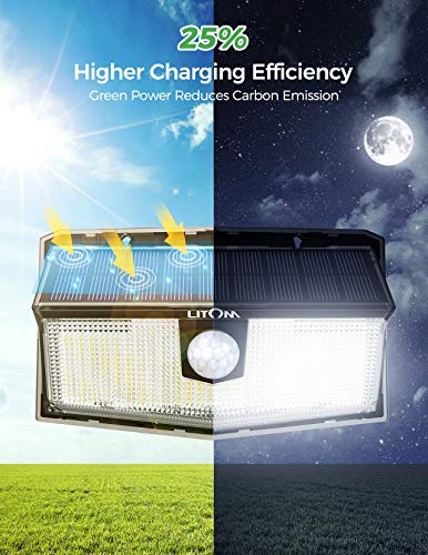 LITOM 300 LED Solar Motion Sensor Lights Outdoor, IP67 Waterproof Solar Powered Security Lights Wireless Solar Wall Lights with 3 Modes for Garden Patio Yard Deck Garage Fence Pool - Cold White 2 Pack