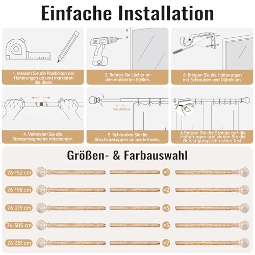 Tringle à rideau extensible 76-152 cm marron Ø 25 mm pour fixation mur ou plafond - 6