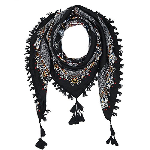Nuofengkudu Femmes Rétro Floral Imprimé Foulards Echarpe Bohémien Style Grand Carré de Cou Chaud Châles Cape Couverture Scarf 110 * 110CM Noir
