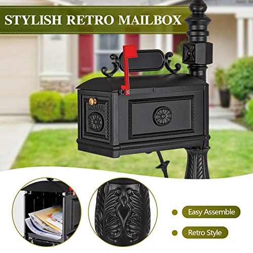 Polar Aurora Barcelona Decorative Post Mailbox Combination Stratford Heavy Duty Postal Mail Box Cast Aluminum(Black)