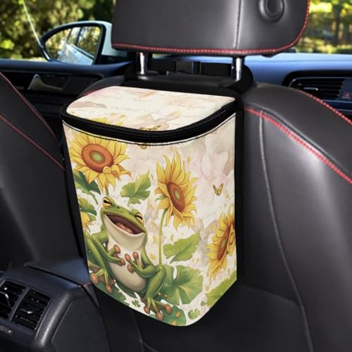 Image of Talayituse Frog Sunflower Butterfly Print Car Trash Bin, Large Size Auto Trash Can Adjustable Portable Garbage Can with Lid, Vehicle Hanging Bag for Headrest Front Back Seat