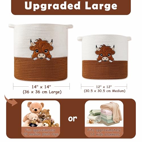Image of Large Blanket Baskets for Living Room, Highland Cow Storage Baskets for Toys Organizer Woven Cotton Rope Basket for Kids, Clothes Hamper with Embroidery Highland Cow Decor for Nursery Laundry