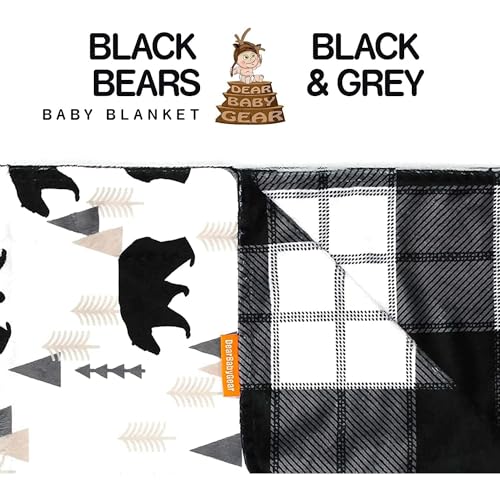 Image of Dear Baby Gear Reversible Baby Blanket, Soft Nursery Cover for Newborn, Breathable, Lightweight Receiving Swaddle, Blanket for Girls and Boys, Black Bears, Geometric Trees /Black&White Plaid, 40 x 30in