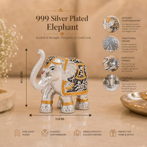 Image of DIVINITI 999 Silver Plated Elephant Pair with Luxury Gift Box | Vastu Elephant Showpiece for Home & Office Decor | Symbol of Prosperity, Wisdom, Good Luck & Success | 10.5 x 12 cm