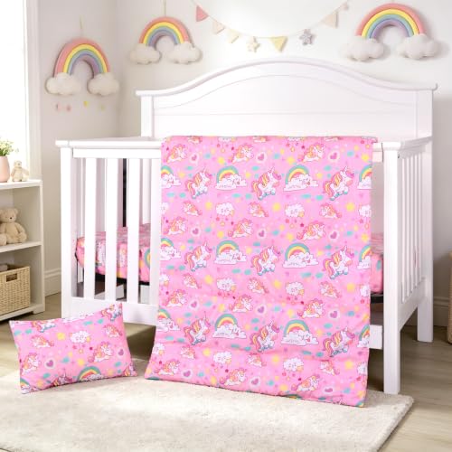 Image of JISEN 3 Piece Crib Bedding Set Soft Baby Unicorns Crib Comforter Set with Comforter, Sheet, Pillowcase - Nursery Bedding for Boys or Girls Pink