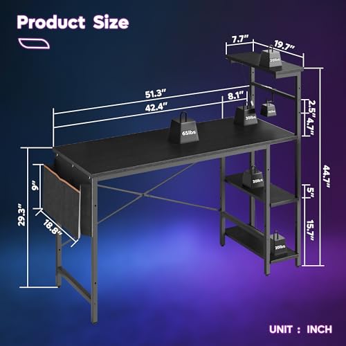 Image of Bestier Gaming Desk with LED Lights, 51.3 Inch Computer Desk with 4 Tiers Reversible Shelves, Home Office Writing Desk with Side Storage Bag, Hooks and Height Adjustable Shelf (Black Grained)