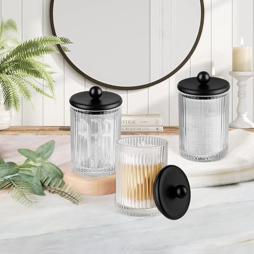 3Pack Glass Qtip Holder Dispenser Set - Bathroom Canister Storage Organizer for Cotton Balls, Swabs, Floss Picks, and Makeup Sponges with Matte Black Metal Lid - Clear Vanity Apothecary Jars - Image 7