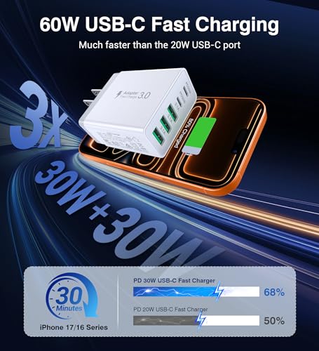 Image of 60W USB C Wall Charger Block, 2Pack 5-Port C Charger Fast Charging Block Dual PD Power Adapter&QC Wall Plug Multiport Type C Charging Cube Brick for iPhone 12 /13 /14 /15 /16 /17 Pro Max, iPad,Samsung