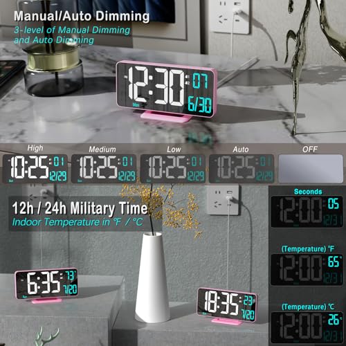 Image of Pink Digital Clock for Bedroom 6.7in Dual Alarm Clock with Dimming, 12 /24h, Seconds, Date, Day of Week, Temp, Desk Clock, LED Clock for Table Decor, Digital Calendar Table Clocks for Bedrooms KOSUMOSU