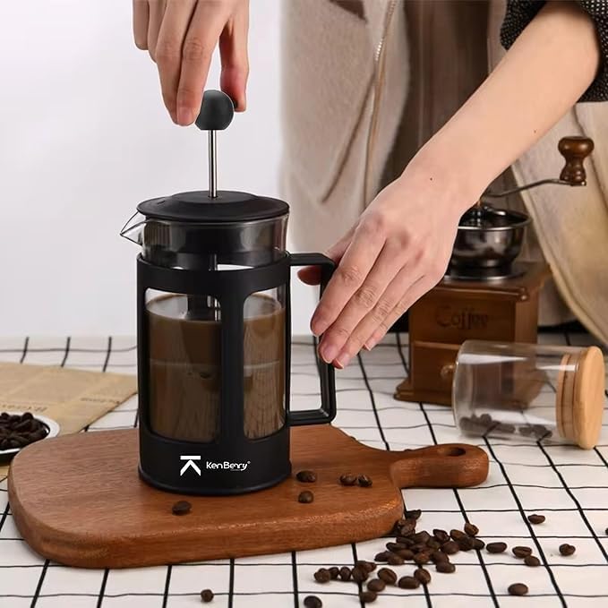 Image of KenBerry French Press Coffee & Tea Maker Borosilicate Glass with sleeves Carafe | BPA-Free Plastic Lid | 4-Level Filtration with Stainless Steel Plunger with Mesh | Compact & Durable, 600 ML