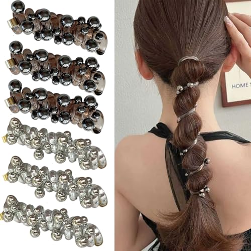 Pearl Braided Telephone Scrunchies Spiral Hair Ties Silver Curry Stretchy Ponytail Bubble Braid Hair Braid Phone Cord Hair Rope Accessories for Women(6pcs)