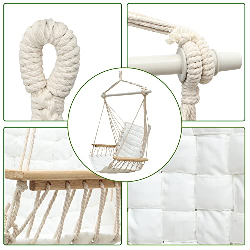 Rooity Hammock Chair Hanging Swing With Wooden Armrests;Steel Spreader Bar And Anti-Slip Rings;Cotton Woven Fabric;Up To 300 Lbs For Bedroom,Patio,Porch,Deck-Indoor Outdoor White #TOP4