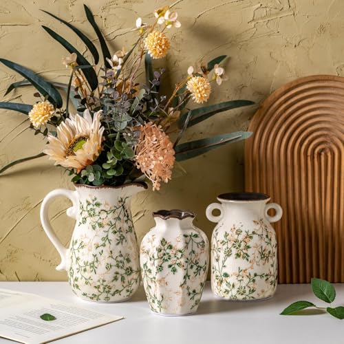 Ceramic Vases Set of 3, Green & Beige Chinoiserie Flower Pitcher Vase, Farmhouse Vintage Floral Vase Home Decor for Mantle, Fireplace, Kitchen Counter, Living Room Bookshelf Rustic Table Centerpiece Ceramic Vases Set of 3, Green & Beige Chinoiserie Flower Pitcher Vase, Farmhouse Vintage Floral Vase Home Decor for Mantle, Fireplace, Kitchen Counter, Living Room Bookshelf Rustic Table Centerpiece
