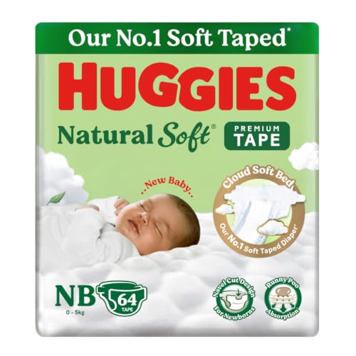 Image of Huggies Natural Soft Premium Tape Diapers Newborn /Extra Small (NB /XS) Size, Upto 5 kgs, 64 Count | Our No.1 Soft Taped Diaper with Cloud Soft Bed, designed for Newborns with Runny Poo Absorption