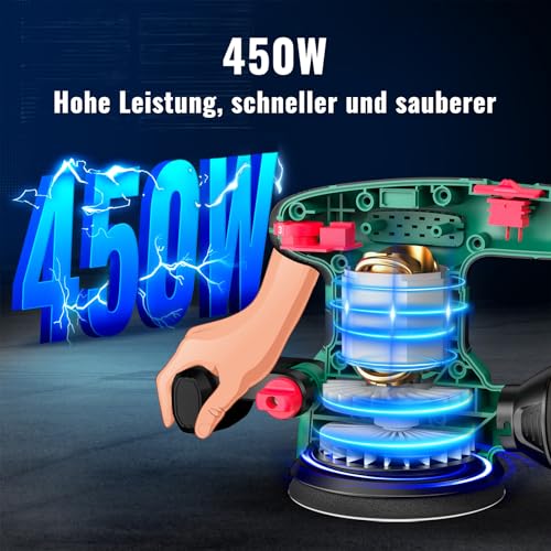 HYCHIKA 450W Ponceuse Orbitale, Six Vitesses de 6000 à 12000 OPM, Système de Dépoussiérage Efficace, Papier de Verre à 8 trous 20PCS, idéal pour le Ponçage des Produits en Bois et plus encore – Image 3