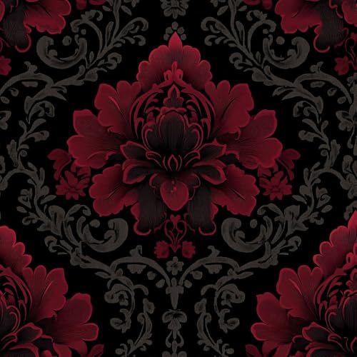 JIAOQSS Self Adhesive Wallpaper Retro Black Red Floral Stick on Wallpaper Damask Floral Renter Friendly Wallpaper Living Room Vinyl Wrap for Furniture Bedroom Removable Contact Paper