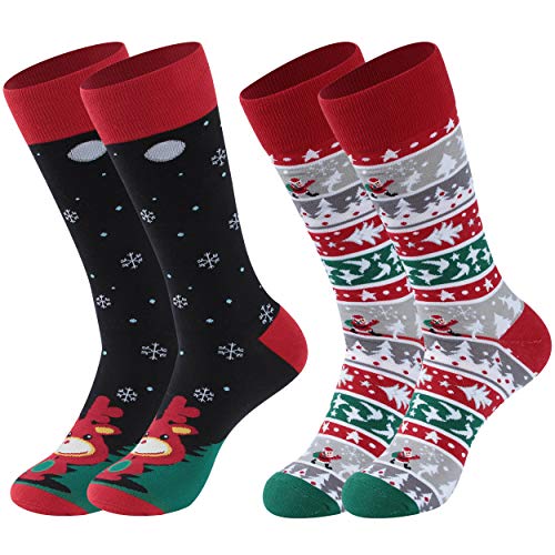 Bun Large Christmas Holiday Socks, Cotton Knit Crew Xmas Socks for Girls Casual Socks Novelty Christmas Gifts 2 Pairs, Black White, Medium