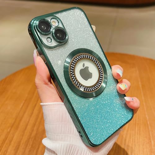 Image of Misscase for iPhone 14 Plus Magnetic Case Compatible with MagSafe,Full Protection Slim Shockproof Anti-Scratch Glitter Case with Camera Lens Protector Logo View Dust-Proof Net for Women Green