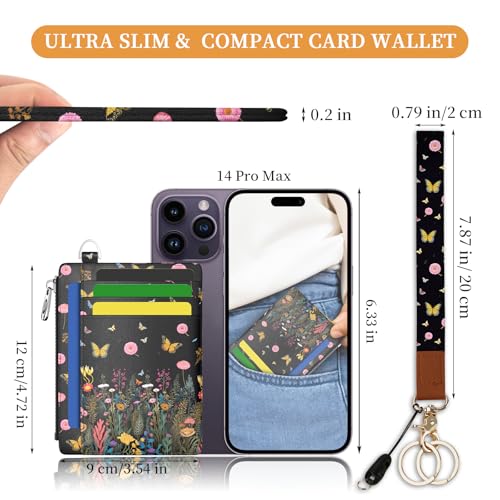Image of Hancynir Florals Butterfly Slim Wallet Women Credit Card Holder, Flowers RFID Blocking Front Pocket Wallet Wristlet Keychain Lanyard, Small Cute Mini Thin Travel Zipper Coin PU Leather Card Case Gifts