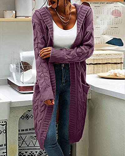 Image of Women Hooded Open Front Cardigan Cable Knit Chunky Long Sweater Coats | solid color, cable knit ,long duster cardigan,chunky coatigan,winter ,falll ,side pockets