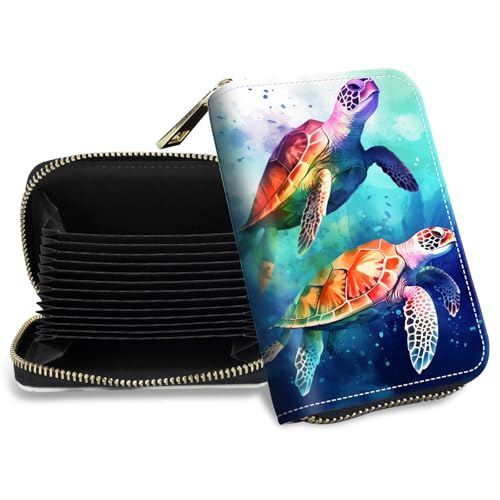 DHYYDSQZ Credit Card Holder with Zipper, Slim RFID Blocking Card Wallet for Women Men Sea Turtles Design PU Leather Small Accordion Card Case Wallet, ID Card Organizer, Pocket Business Card Case
