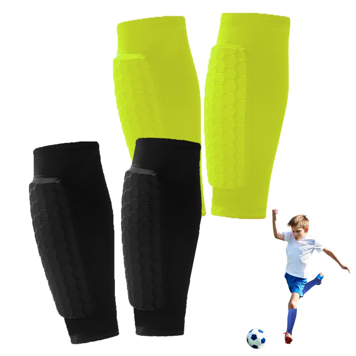 Lot de 2 paires de protège-tibias de football pour enfants, jeunes et adultes, avec coussinets en nid d'abeille, soutien léger