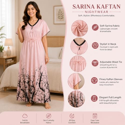 Image of Noty Women's Kaftan Nighty | Digital Print | Sarena Fabric | V Shaped Neck Nightwear | Nightdress for Girl