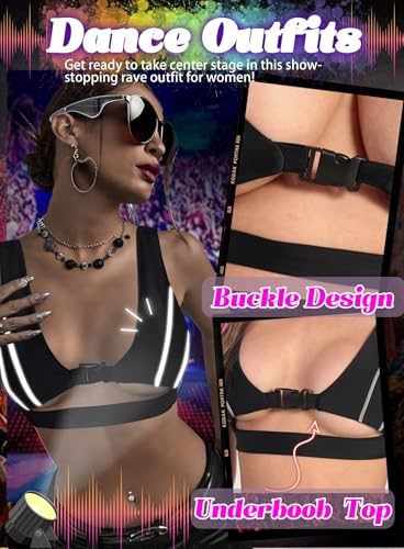 Reflective Rave Top for Women - Music Concert Crop Tank Y2K Buckle Underboob Shirt Sexy Bikini Bra Festival Outfits4