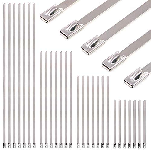 Glarks 100Pcs 3.9'' / 5.9'' / 7.9'' / 11.8'' Long 304 Stainless Steel Exhaust Strap Wrap Coated Locking Zip Cable Ties Set